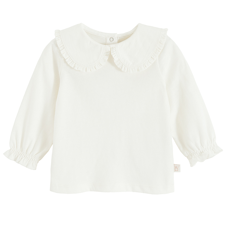 White long sleeve blouse with round collar and elastic around wrists