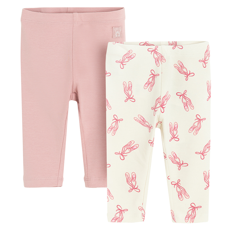 Pink and white with ballet shoes print leggings- 2 pack