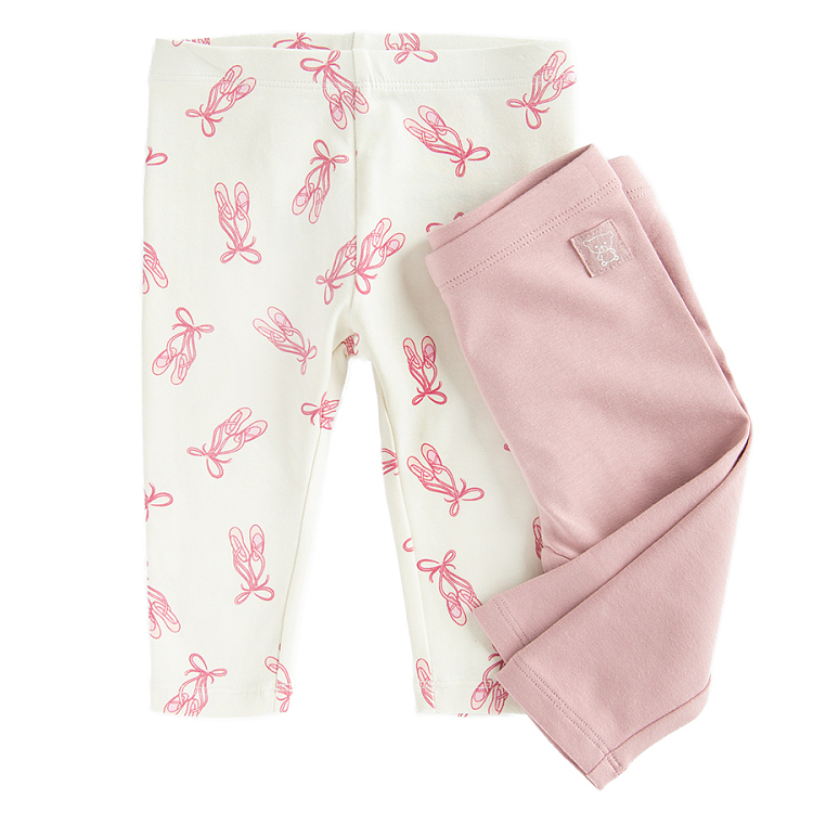 Pink and white with ballet shoes print leggings- 2 pack