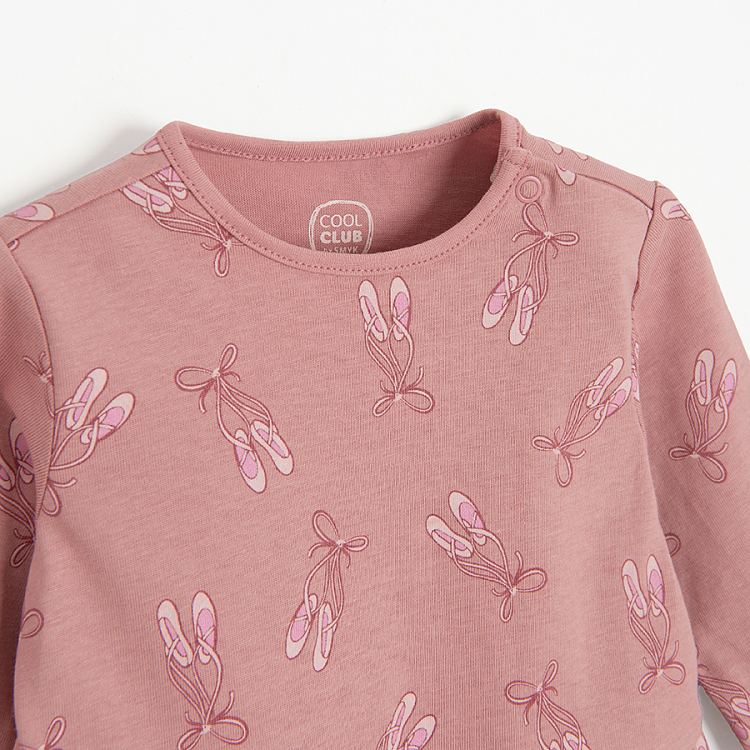 Pink long sleeve dress with ballet shoes print