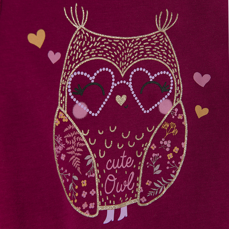 Burgundy blouse with owl print