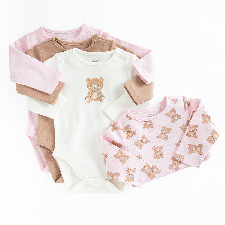 White, pink, brown long sleeve bodysuits with bear print- 4 pack