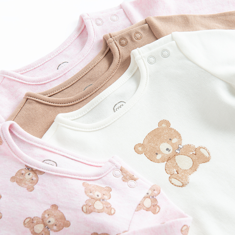 White, pink, brown long sleeve bodysuits with bear print- 4 pack