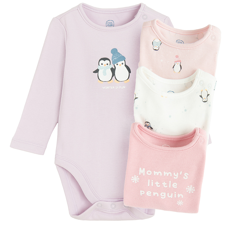 Pastel color long sleeve bodysuits with penguins print- 4 pack