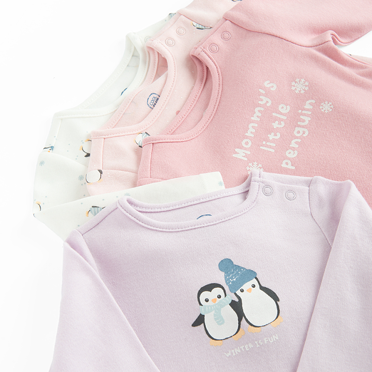 Pastel color long sleeve bodysuits with penguins print- 4 pack