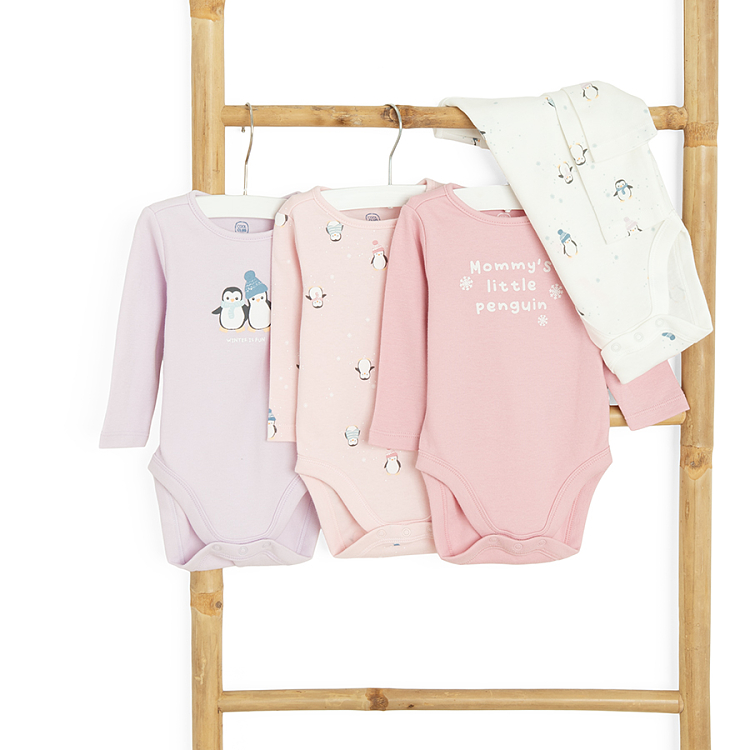 Pastel color long sleeve bodysuits with penguins print- 4 pack