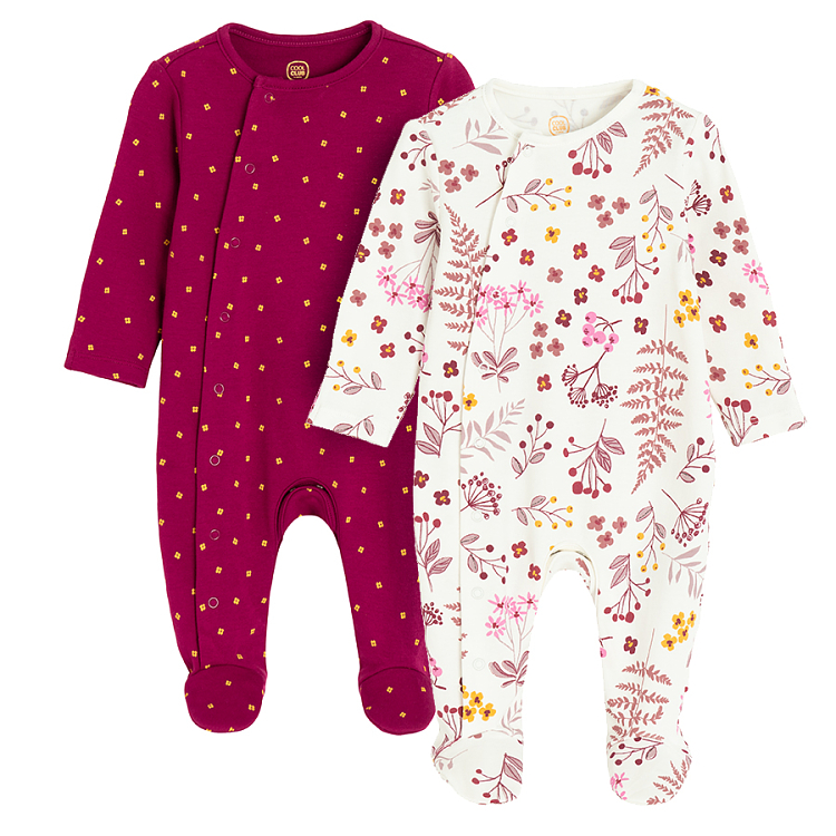 Floral and polka dot burgundy footed overalls with side buttons- 2 pack