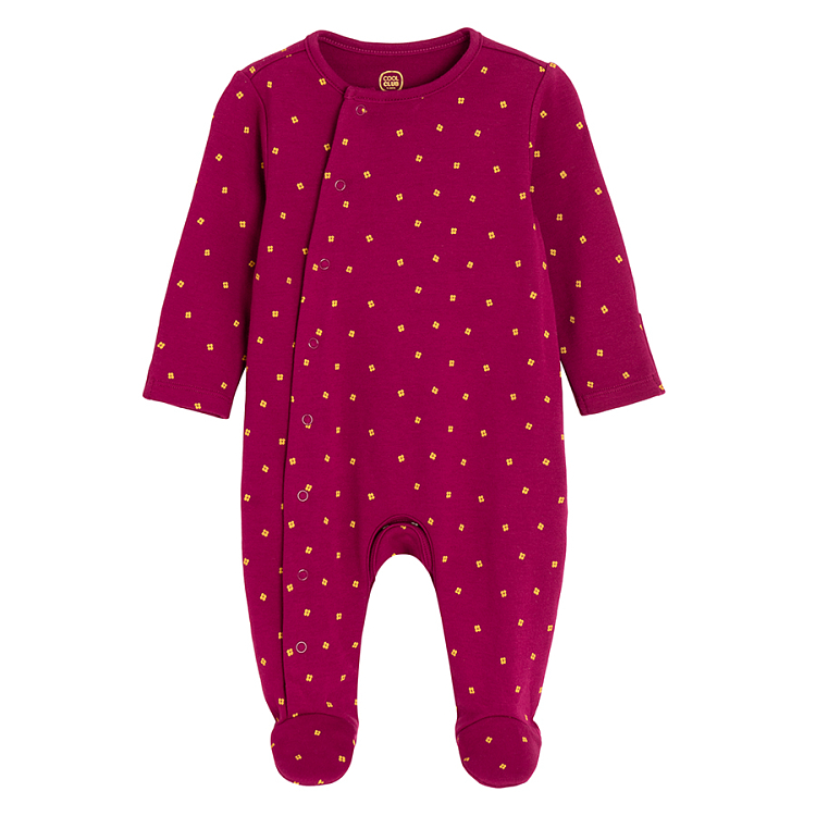 Floral and polka dot burgundy footed overalls with side buttons- 2 pack