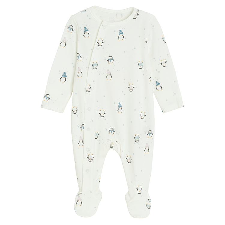 White and purple footed overalls with penguin print and side buttons