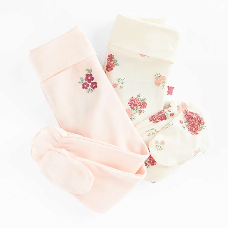 White and floral footed leggings- 2 pack