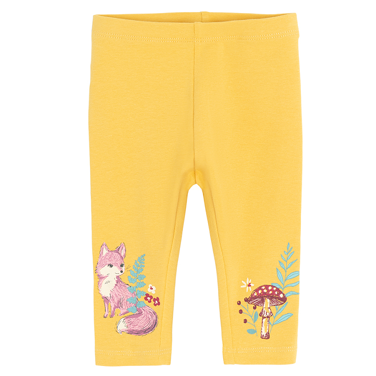 Fucshia and yellow with fox and mushroom print leggings- 2pack