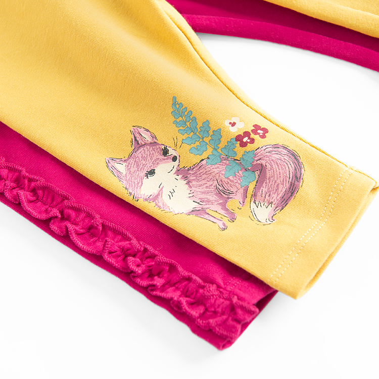 Fucshia and yellow with fox and mushroom print leggings- 2pack