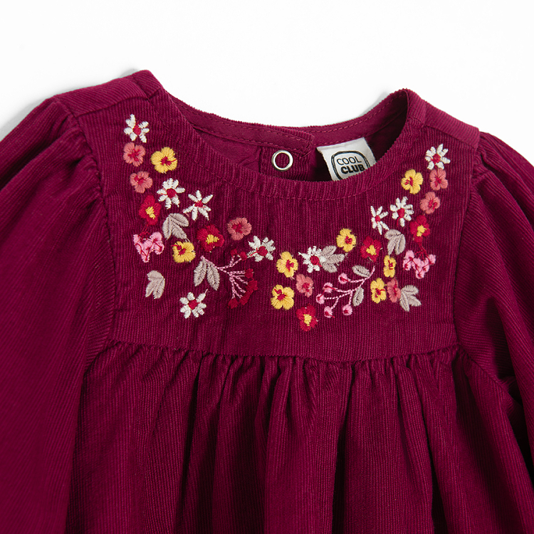 Burgundy long sleeve dress with neck and sleeves embroidery