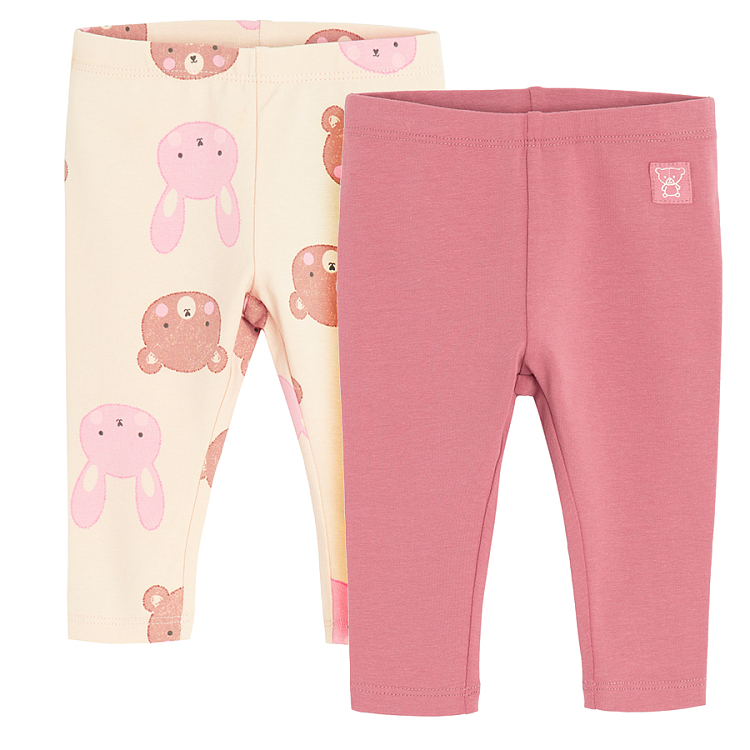 Ecru leggings with bear print and warm pink leggings- 2 pack