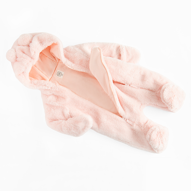 Pink hooded pramsuit with two side zippers