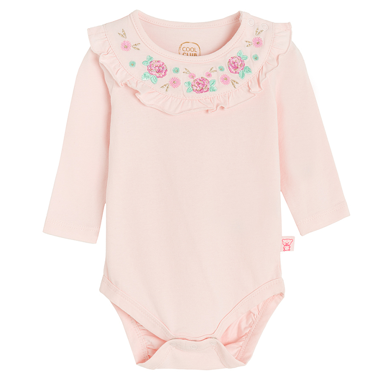 Pink long sleeve bodysuit with embroidery around the neckline