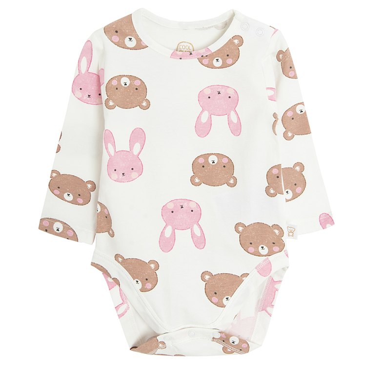 Warm pink and ecru with bears print long sleeve bodysuits - 2 pack