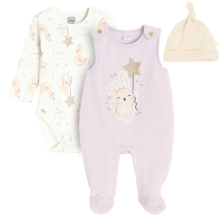 White long sleeve bodysuit with footed overall and bunny print and all weather beanie- 3 pieces