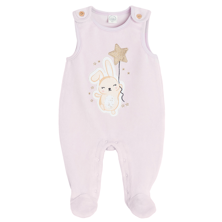 White long sleeve bodysuit with footed overall and bunny print and all weather beanie- 3 pieces