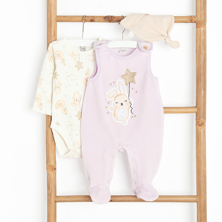 White long sleeve bodysuit with footed overall and bunny print and all weather beanie- 3 pieces