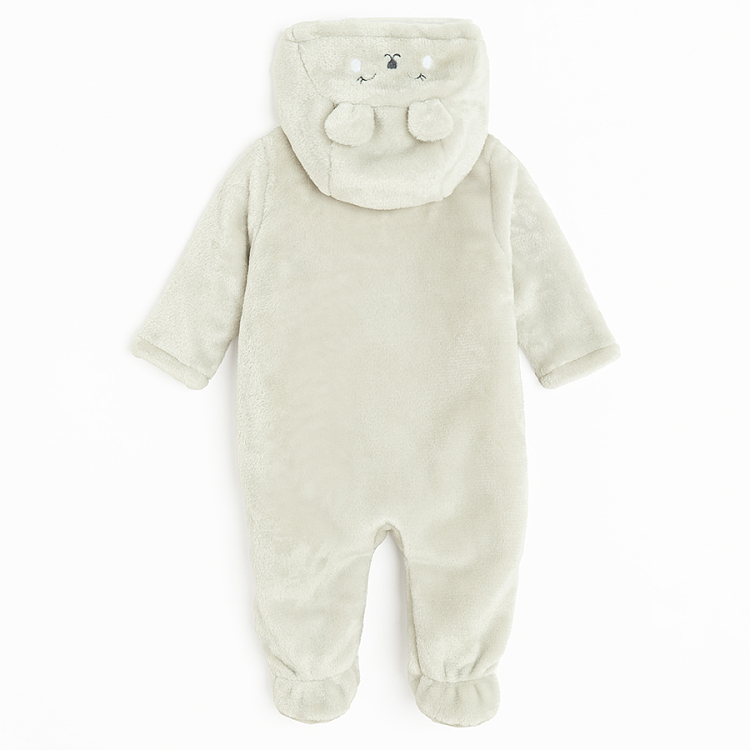 Grey overall footed, hooded with side zipper and bunny pattern