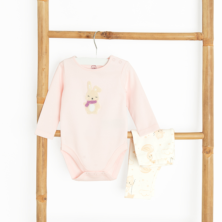 Pink long sleeve bodysuit and white pants with bunnies print set- 2 pieces