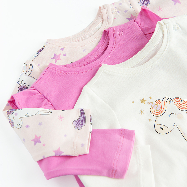 White, pink and purple blouses with unicorn prints- 3 pack