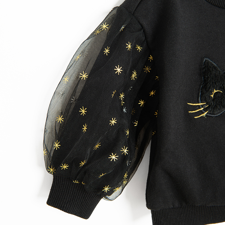 Black sweatshirt with Halloween kitten print and tulle sleeves