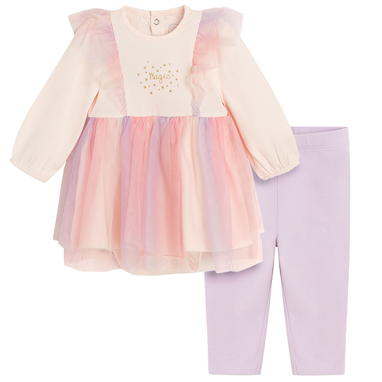 Pink long sleeve dress bodysuit with unicorn print and violet leggings set