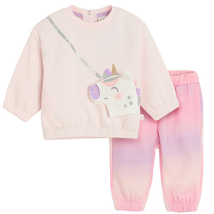 Pink sweatshirt with unicorn cross belt and colorful leggings set