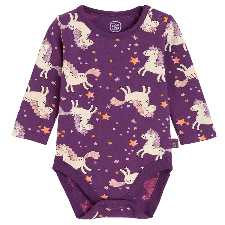 Purple and violet long sleeve bodysuit with unicorn print- 2 pack