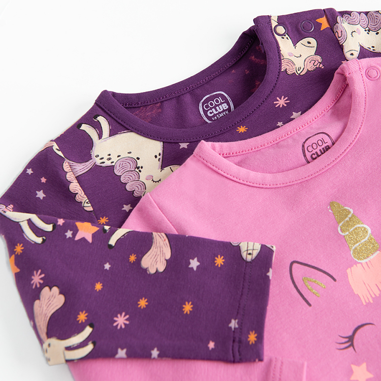 Purple and violet long sleeve bodysuit with unicorn print- 2 pack