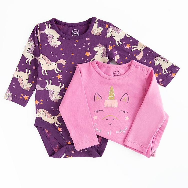 Purple and violet long sleeve bodysuit with unicorn print- 2 pack