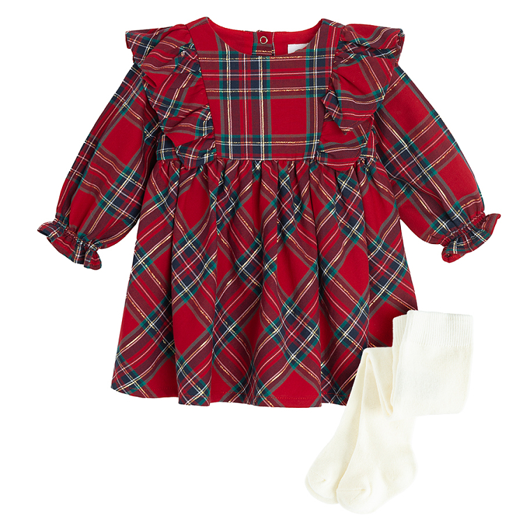 Red checked long sleeve dress with matching headband and white tights