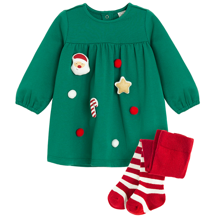 Green long sleeve dress with Xmas print and red and white stripes tights