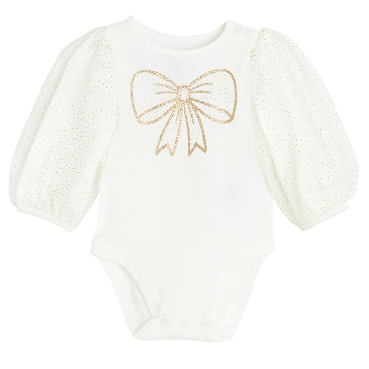 White long sleeve bodysuit with gold bow and tulle sleeves