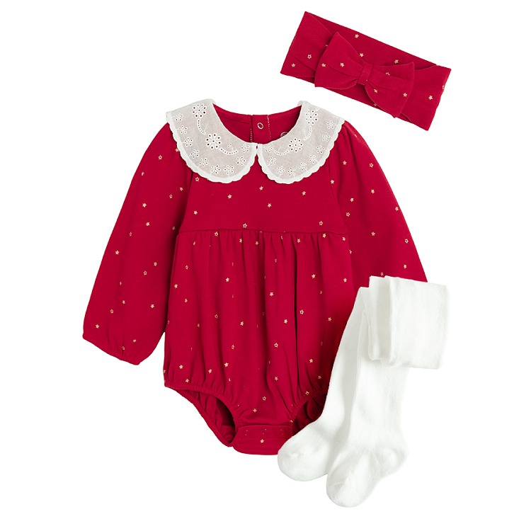 Red polka dor long sleeve bodysuit with matching headband and white tights