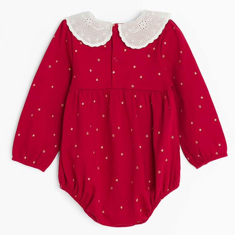 Red polka dor long sleeve bodysuit with matching headband and white tights