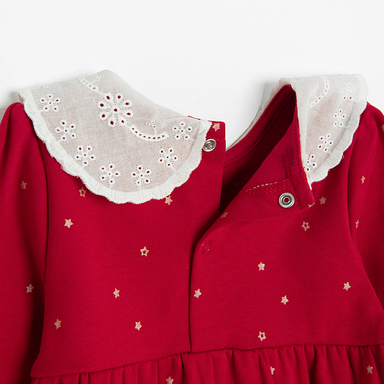 Red polka dor long sleeve bodysuit with matching headband and white tights