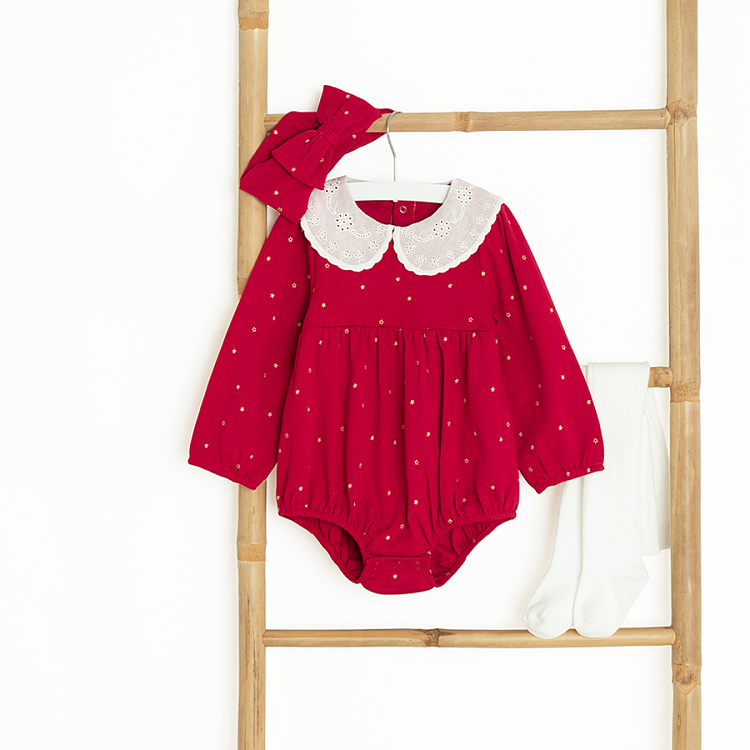 Red polka dor long sleeve bodysuit with matching headband and white tights