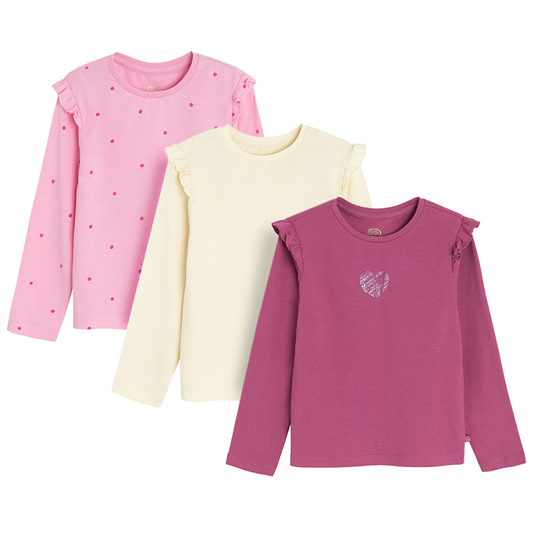 Ecru, pink and burgundy long sleeve blouses- 3 pack