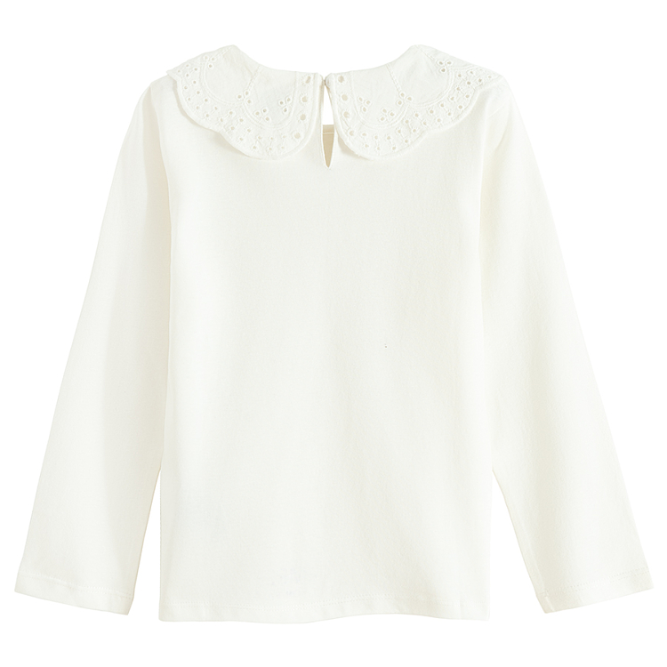 White long sleeve blouse with ruffle on the neckline