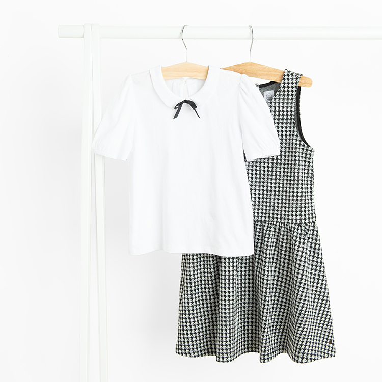 Checked black and white dress with short sleeve white blouse set- 2 pieces