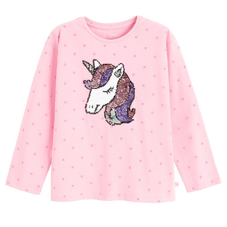 Pink long sleeve blouse with unicorn print