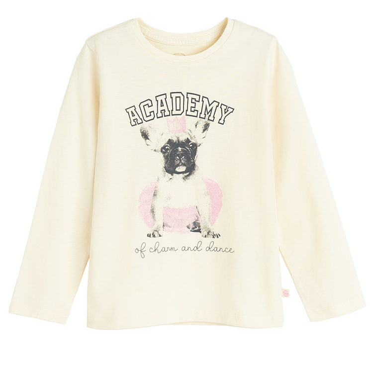 White long sleeve blouse with dog in ballerina outfit print