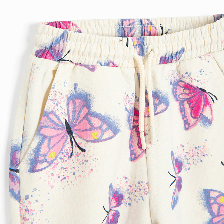 White sweatshirt and joggings pants set with butterflies print- 2 pack