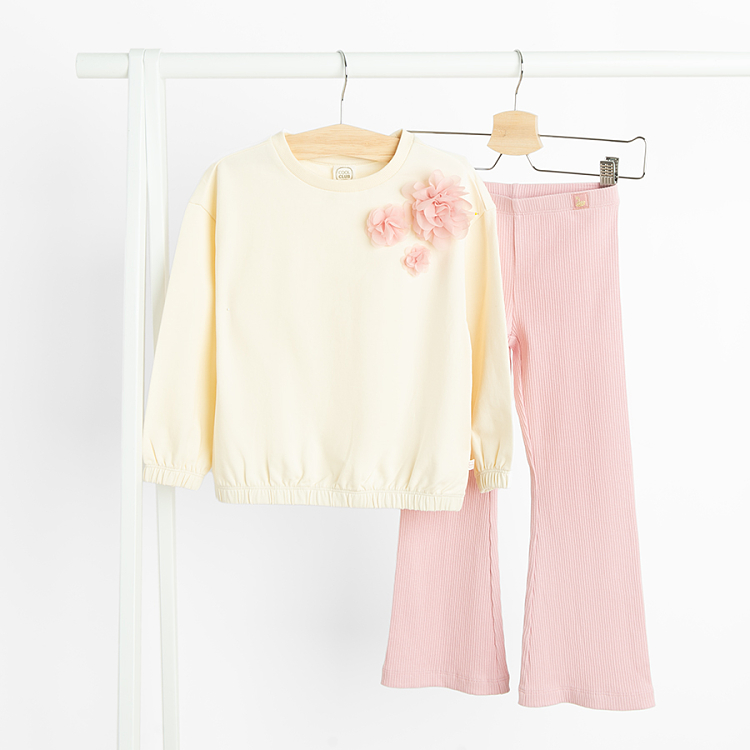 Ecru sweatshirt with flowers print and pink leggings set - 2 pieces