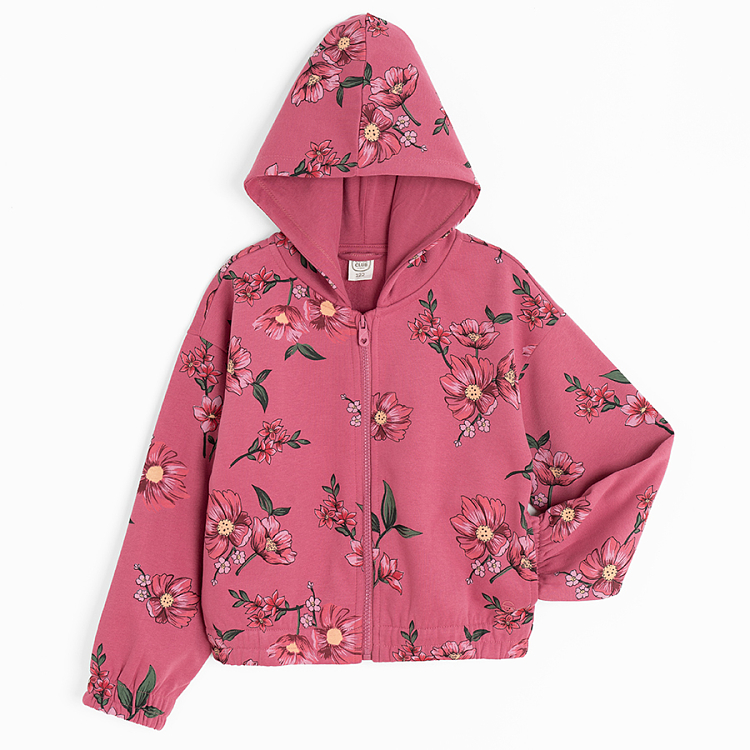 Burgundy floral Zip through hooded sweatshirt