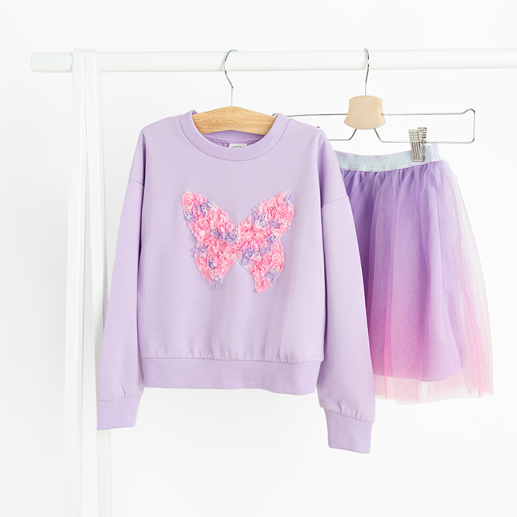 Purple sweatshirt withbuttrfly print and tulle skirt set- 2 pieces