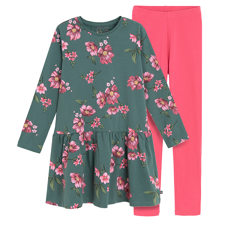 Green floral dress and red leggings set- 2 pieces